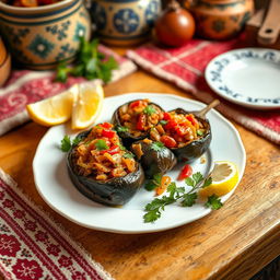 A beautifully plated serving of İmam Bayıldı, a traditional Turkish dish featuring eggplant stuffed with a flavorful mixture of onions, tomatoes, garlic, and herbs