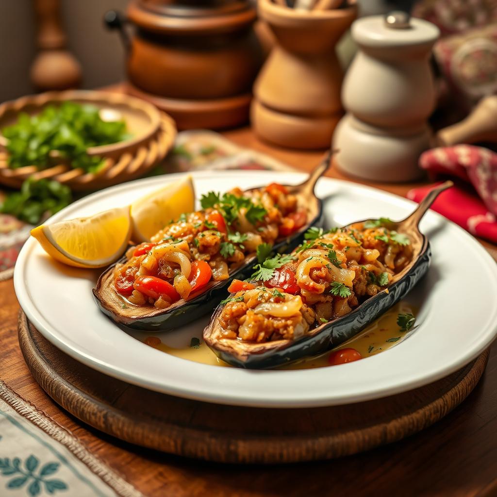 A beautifully plated serving of İmam Bayıldı, a traditional Turkish dish featuring eggplant stuffed with a flavorful mixture of onions, tomatoes, garlic, and herbs