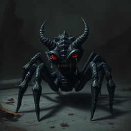 A devil spider sitting alone in a dark, desolate environment, with teardrops streaming down its spiny face