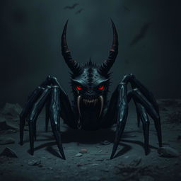 A devil spider sitting alone in a dark, desolate environment, with teardrops streaming down its spiny face