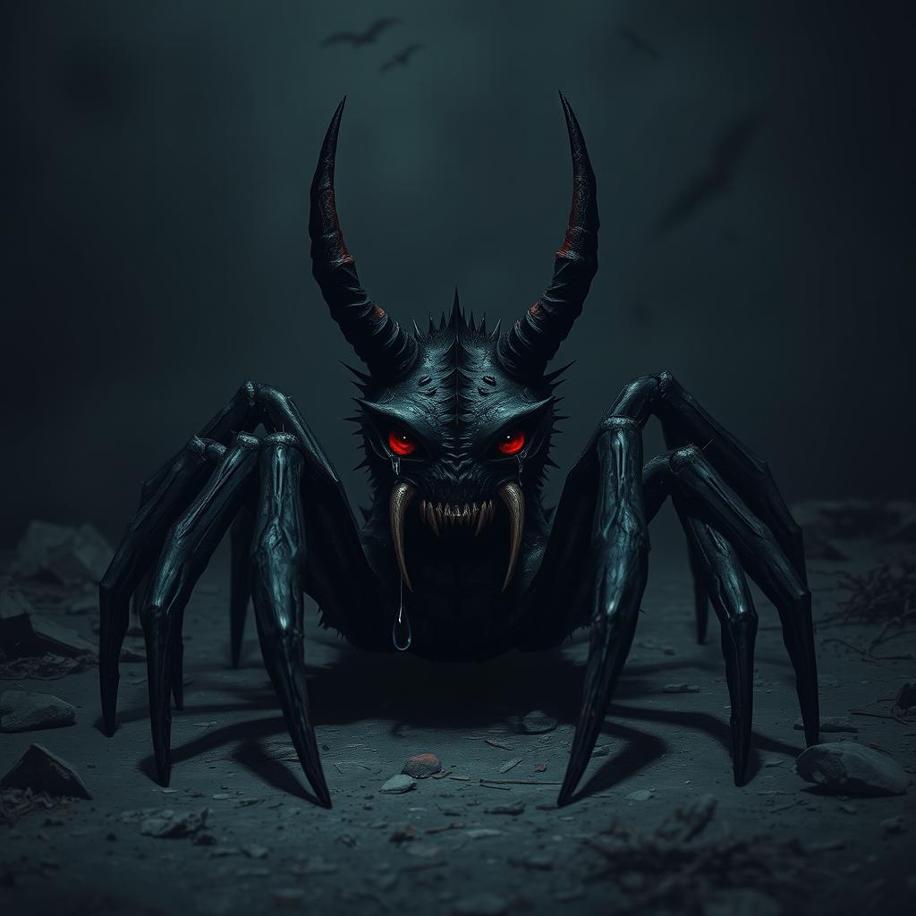 A devil spider sitting alone in a dark, desolate environment, with teardrops streaming down its spiny face