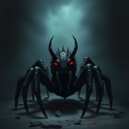 A devil spider sitting alone in a dark, desolate environment, with teardrops streaming down its spiny face