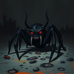 A devil spider sitting alone in a dark, desolate environment, with teardrops streaming down its spiny face