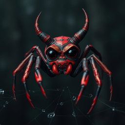 A sad and alone devil spider, depicted with large, expressive eyes filled with tears, sitting on a web in a dark and moody environment