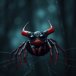 A sad and alone devil spider, depicted with large, expressive eyes filled with tears, sitting on a web in a dark and moody environment