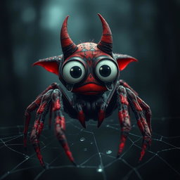 A sad and alone devil spider, depicted with large, expressive eyes filled with tears, sitting on a web in a dark and moody environment