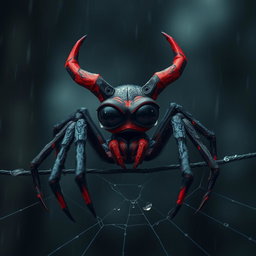 A sad and alone devil spider, depicted with large, expressive eyes filled with tears, sitting on a web in a dark and moody environment