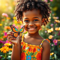 A cheerful Afro-American girl with a bright smile, holding a colorful butterfly delicately in her hand
