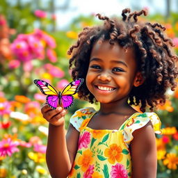 A cheerful Afro-American girl with a bright smile, holding a colorful butterfly delicately in her hand