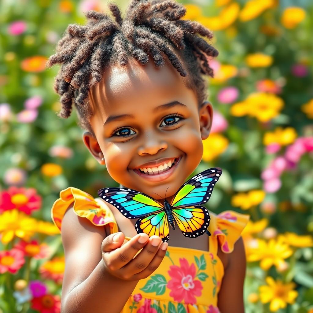 A cheerful Afro-American girl with a bright smile, holding a colorful butterfly delicately in her hand