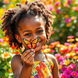 A cheerful Afro-American girl with a bright smile, holding a colorful butterfly delicately in her hand