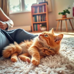 A cozy indoor scene featuring a fluffy orange cat lying comfortably at the feet of a person seated on a soft, plush rug