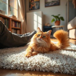A cozy indoor scene featuring a fluffy orange cat lying comfortably at the feet of a person seated on a soft, plush rug