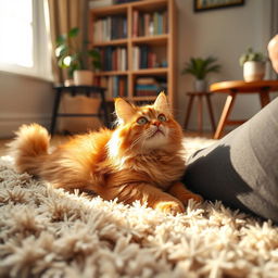 A cozy indoor scene featuring a fluffy orange cat lying comfortably at the feet of a person seated on a soft, plush rug