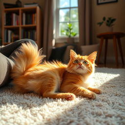 A cozy indoor scene featuring a fluffy orange cat lying comfortably at the feet of a person seated on a soft, plush rug