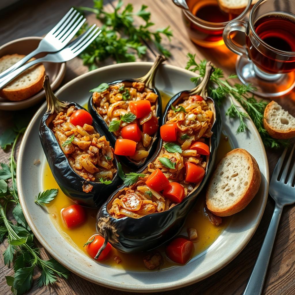 A beautifully arranged serving of İmam Bayıldı, a classic Turkish dish featuring eggplants stuffed with a fragrant mixture of sautéed onions, garlic, and tomatoes, all drizzled with a generous amount of olive oil
