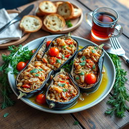 A beautifully arranged serving of İmam Bayıldı, a classic Turkish dish featuring eggplants stuffed with a fragrant mixture of sautéed onions, garlic, and tomatoes, all drizzled with a generous amount of olive oil