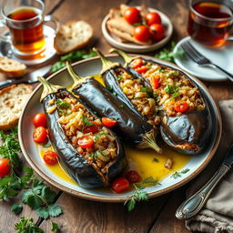 A beautifully arranged serving of İmam Bayıldı, a classic Turkish dish featuring eggplants stuffed with a fragrant mixture of sautéed onions, garlic, and tomatoes, all drizzled with a generous amount of olive oil