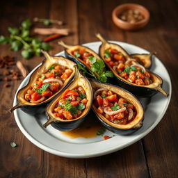 A beautifully arranged platter of İmam Bayıldı, a traditional Turkish dish featuring eggplant