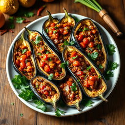 A beautifully arranged platter of İmam Bayıldı, a traditional Turkish dish featuring eggplant