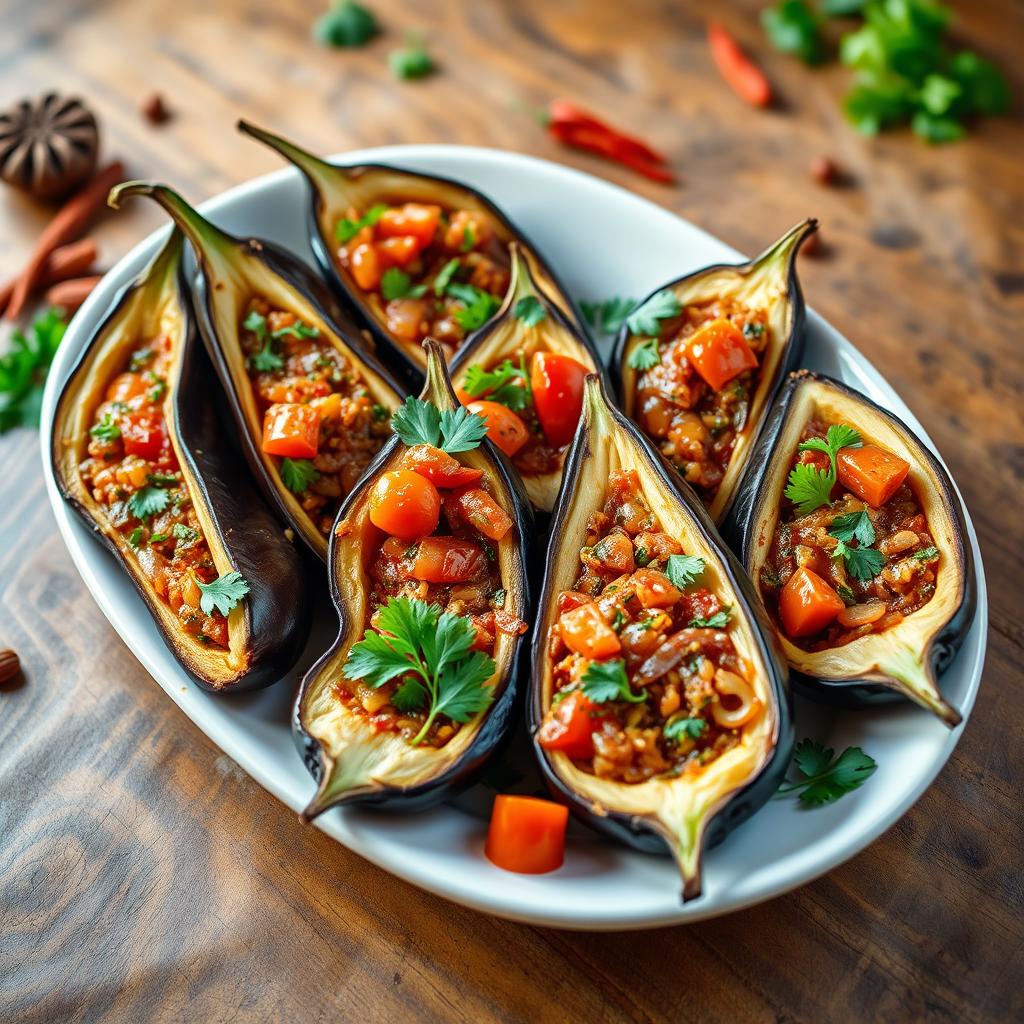 A beautifully arranged platter of İmam Bayıldı, a traditional Turkish dish featuring eggplant