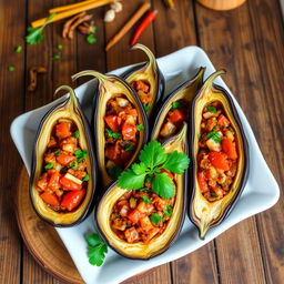 A beautifully arranged platter of İmam Bayıldı, a traditional Turkish dish featuring eggplant