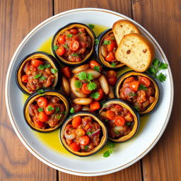 A beautifully arranged plate of İmam Bayıldı, showcasing round slices of eggplant stuffed with a flavorful mixture of tomatoes, onions, and garlic, garnished with fresh parsley