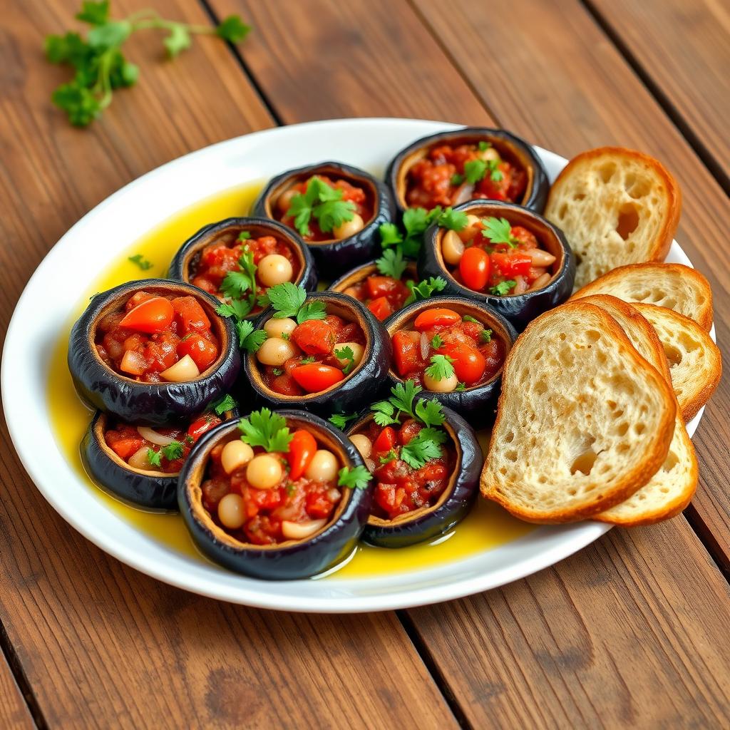 A beautifully arranged plate of İmam Bayıldı, showcasing round slices of eggplant stuffed with a flavorful mixture of tomatoes, onions, and garlic, garnished with fresh parsley