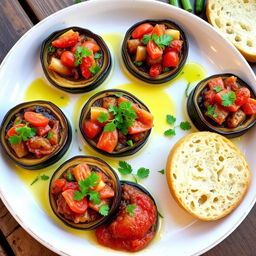 A beautifully arranged plate of İmam Bayıldı, showcasing round slices of eggplant stuffed with a flavorful mixture of tomatoes, onions, and garlic, garnished with fresh parsley