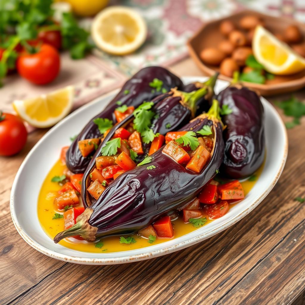 A beautifully presented plate of İmam Bayıldı, a traditional Turkish dish made of whole eggplants stuffed with a savory mixture of tomatoes, onions, garlic, and herbs, simmered in olive oil, garnished with fresh parsley