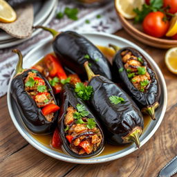 A beautifully presented plate of İmam Bayıldı, a traditional Turkish dish made of whole eggplants stuffed with a savory mixture of tomatoes, onions, garlic, and herbs, simmered in olive oil, garnished with fresh parsley