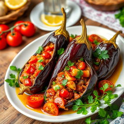 A beautifully presented plate of İmam Bayıldı, a traditional Turkish dish made of whole eggplants stuffed with a savory mixture of tomatoes, onions, garlic, and herbs, simmered in olive oil, garnished with fresh parsley