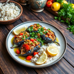 A beautifully arranged plate of İmam Bayıldı, a traditional Turkish dish featuring eggplant stuffed with a mixture of sautéed onions, garlic, and tomatoes, drizzled with olive oil