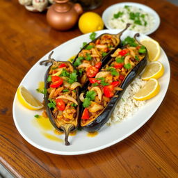 A beautifully arranged plate of İmam Bayıldı, a traditional Turkish dish featuring eggplant stuffed with a mixture of sautéed onions, garlic, and tomatoes, drizzled with olive oil