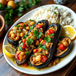 A beautifully arranged plate of İmam Bayıldı, a traditional Turkish dish featuring eggplant stuffed with a mixture of sautéed onions, garlic, and tomatoes, drizzled with olive oil
