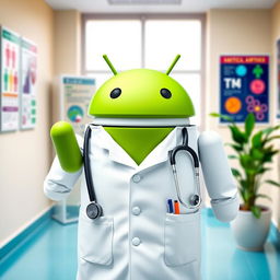 A creative design featuring the Android logo dressed in a doctor's outfit