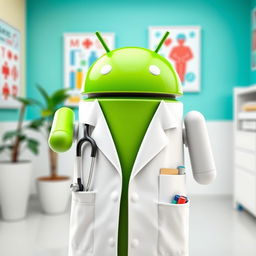 A creative design featuring the Android logo dressed in a doctor's outfit