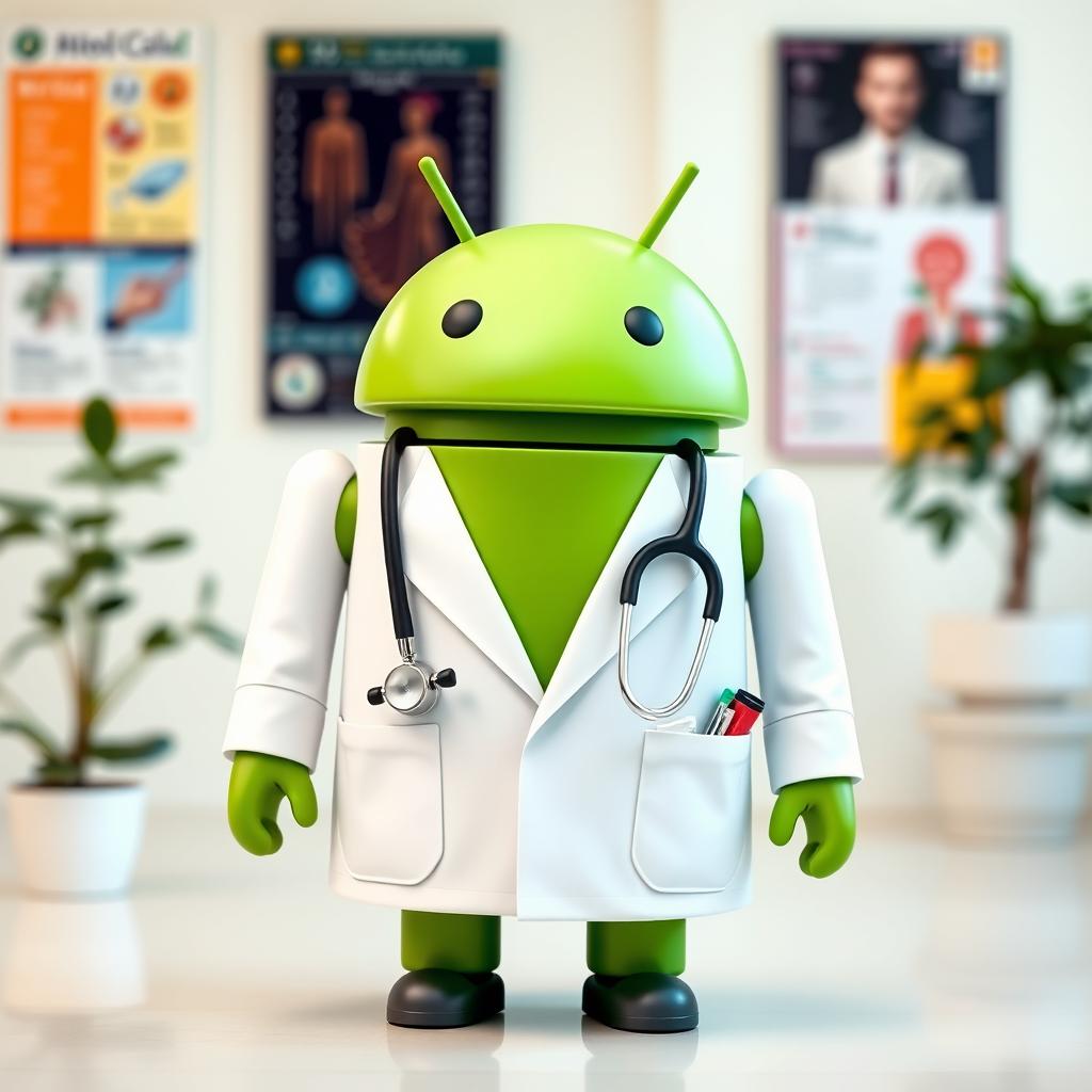 A creative design featuring the Android logo dressed in a doctor's outfit