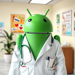 A creative design featuring the Android logo dressed in a doctor's outfit