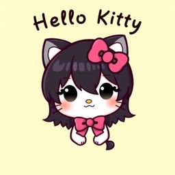 A cute digital illustration of a character inspired by Hello Kitty but with distinctive black hair