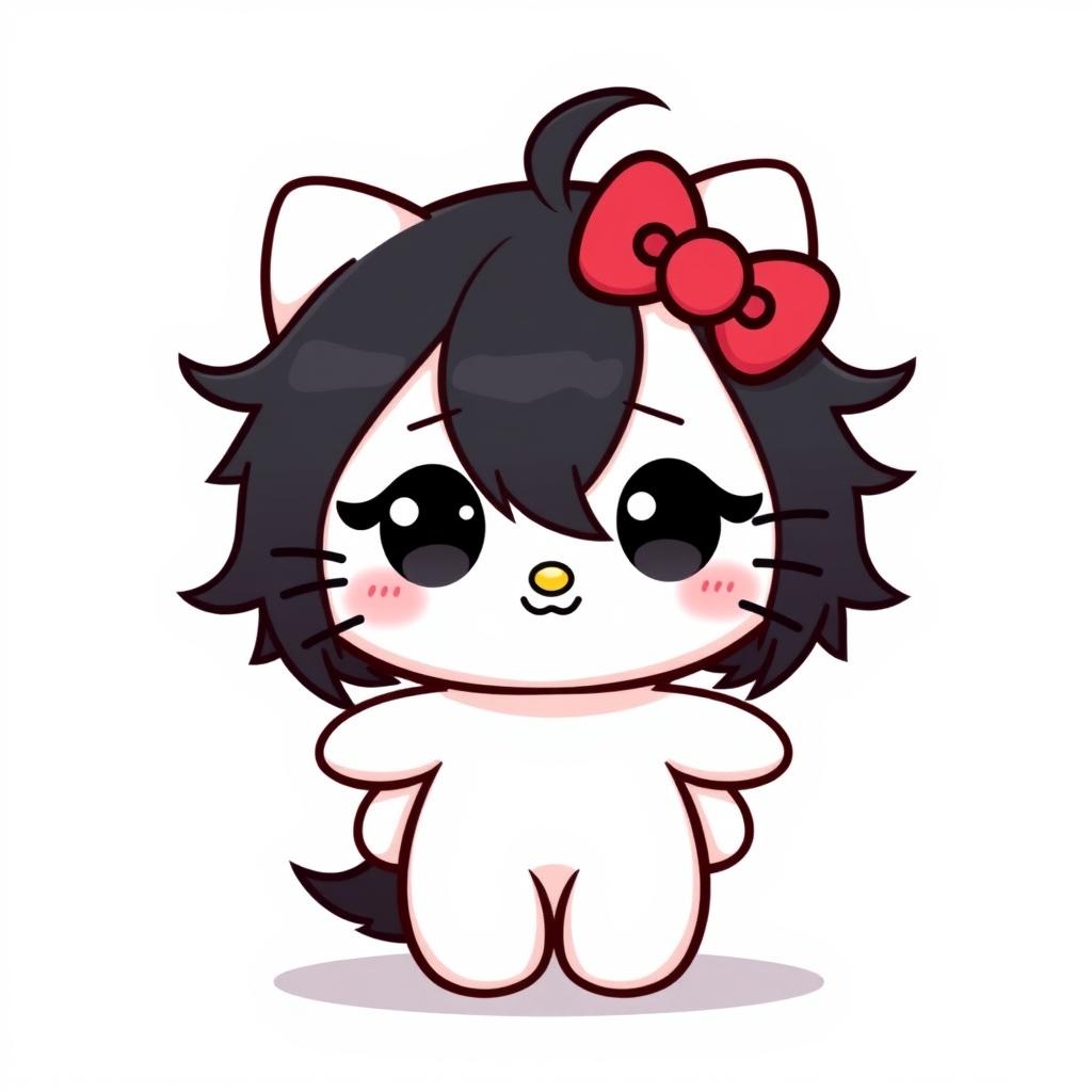 A cute digital illustration of a character inspired by Hello Kitty but with distinctive black hair