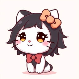 A cute digital illustration of a character inspired by Hello Kitty but with distinctive black hair