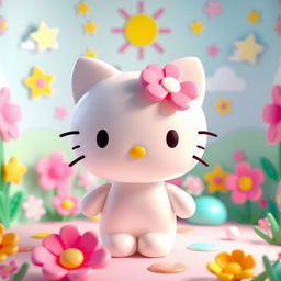 A vibrant and playful 3D illustration of a Hello Kitty character in a charming, colorful environment