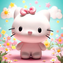 A vibrant and playful 3D illustration of a Hello Kitty character in a charming, colorful environment