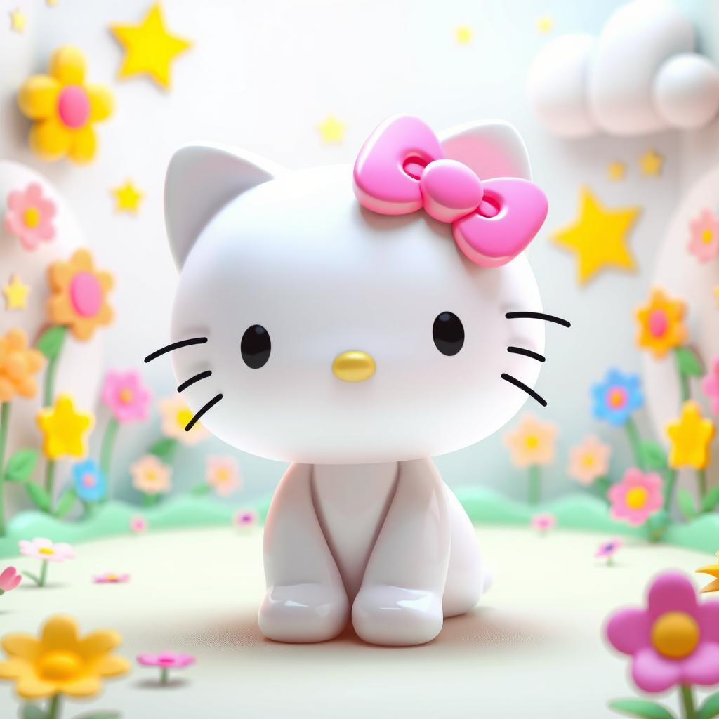 A vibrant and playful 3D illustration of a Hello Kitty character in a charming, colorful environment