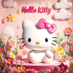 A vibrant and playful 3D illustration of a Hello Kitty character in a charming, colorful environment