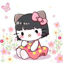 A cute illustration of Hello Kitty with black hair, sitting down in a playful and cheerful manner