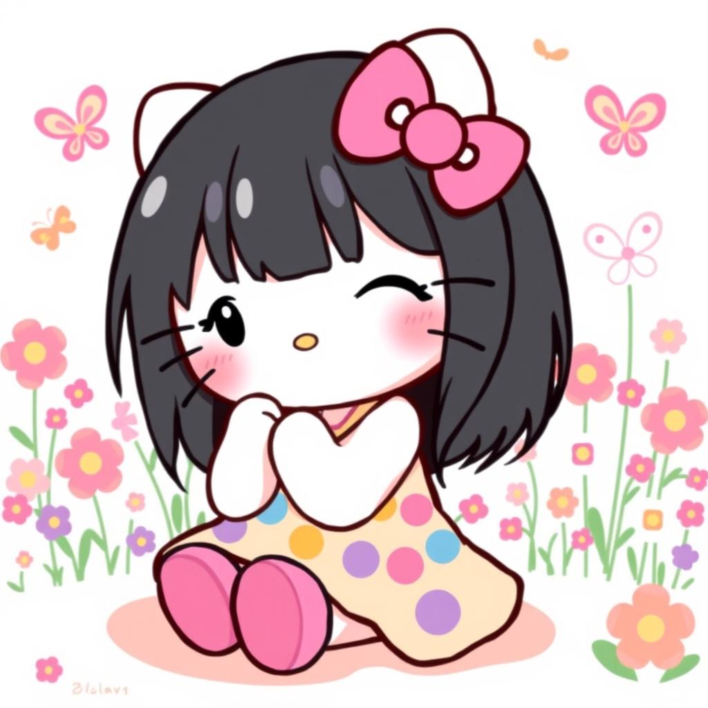 A cute illustration of Hello Kitty with black hair, sitting down in a playful and cheerful manner