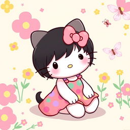 A cute illustration of Hello Kitty with black hair, sitting down in a playful and cheerful manner