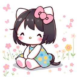 A cute illustration of Hello Kitty with black hair, sitting down in a playful and cheerful manner